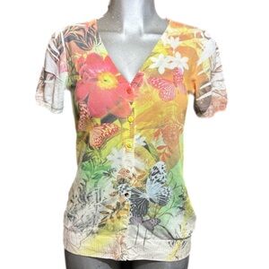 Y2K Fairycore V-Neck Sweater Knit Top Floral Butterfly Button Up Whimsy Sz Small